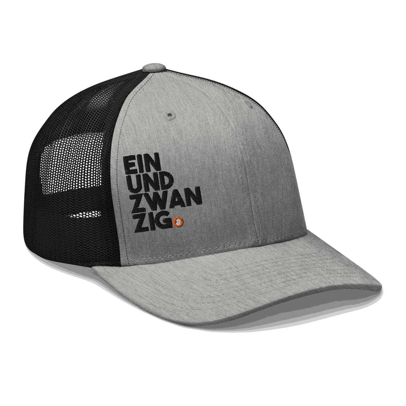 Black Einundzwanzig Bitcoin trucker cap with mesh back and embroidered logo