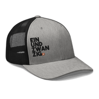 Black Einundzwanzig Bitcoin trucker cap with mesh back and embroidered logo