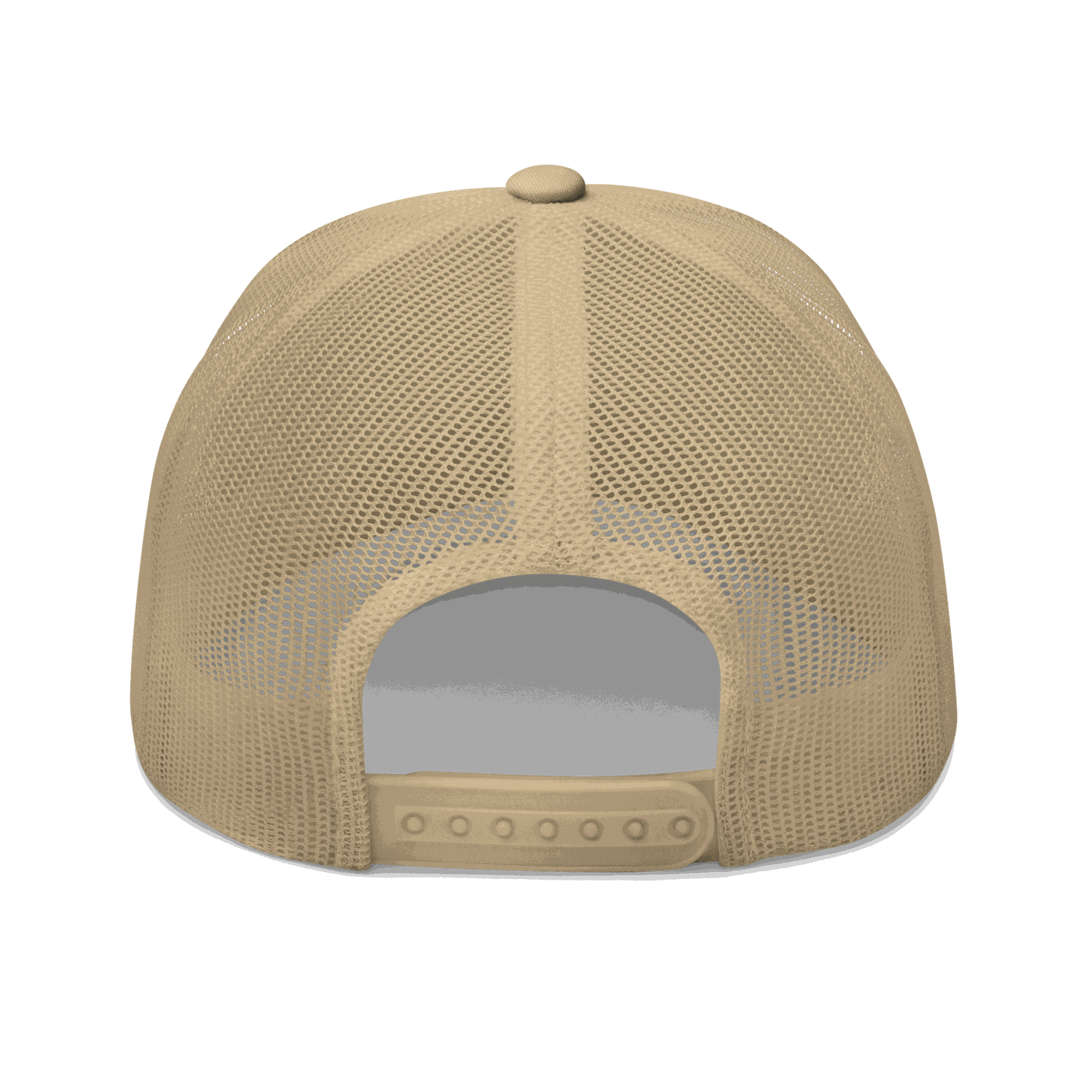 Back view of a khaki bitcoin trucker cap.