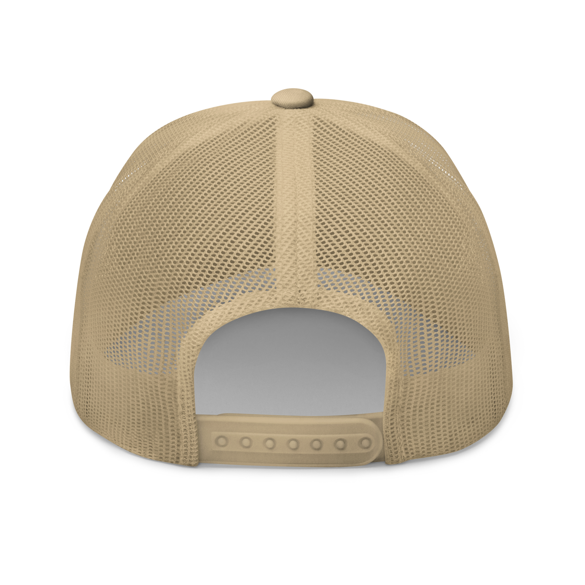 Back view of a khaki bitcoin trucker cap.