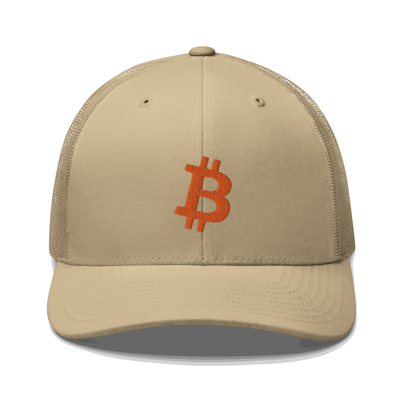 Front view of a khaki bitcoin trucker cap.