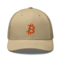 Front view of a khaki bitcoin trucker cap.