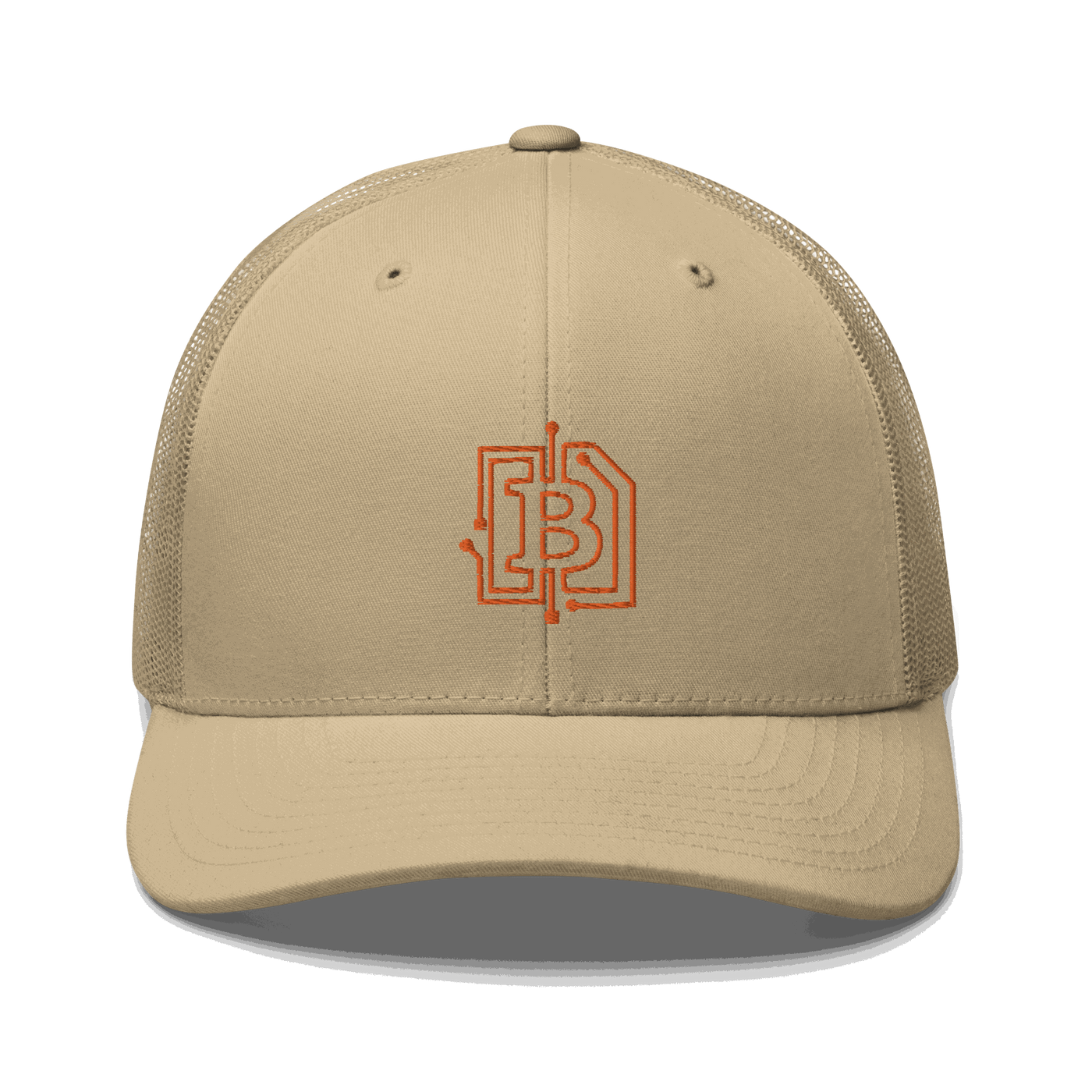 Front view of a khaki bitcoin trucker cap.