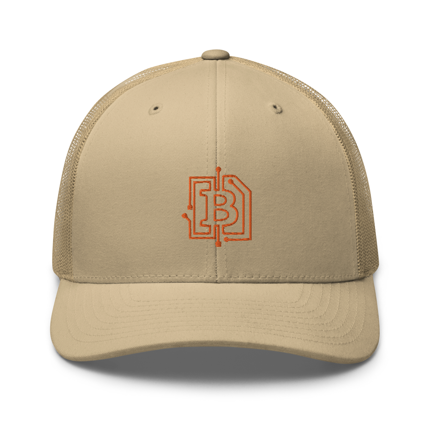 Front view of a khaki bitcoin trucker cap.