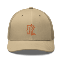 Front view of a khaki bitcoin trucker cap.