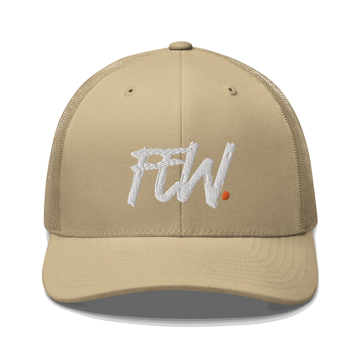 Front view of a khaki bitcoin trucker cap.