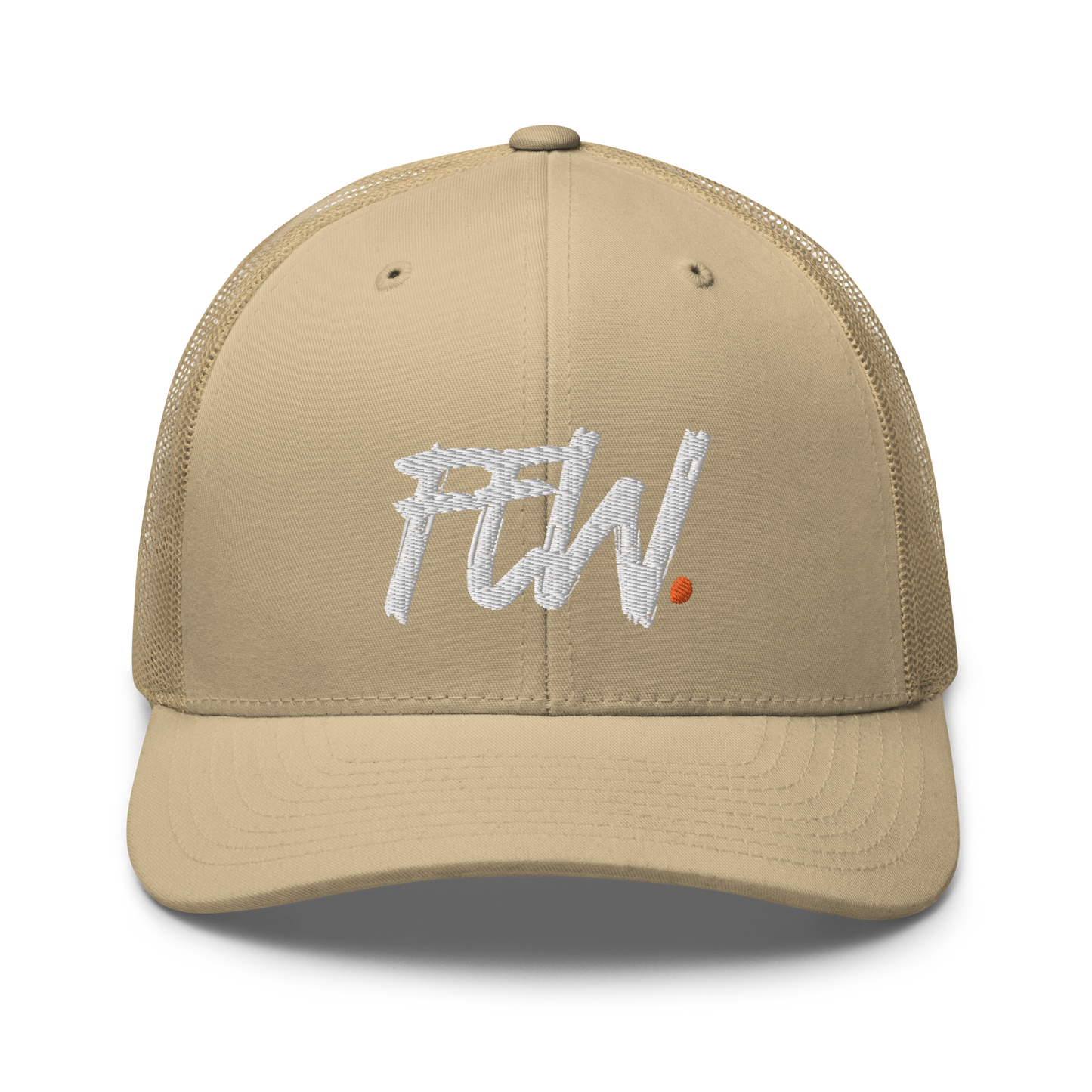 Front view of a khaki bitcoin trucker cap.