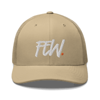 Front view of a khaki bitcoin trucker cap.