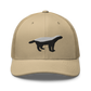 Front view of a khaki bitcoin trucker cap.