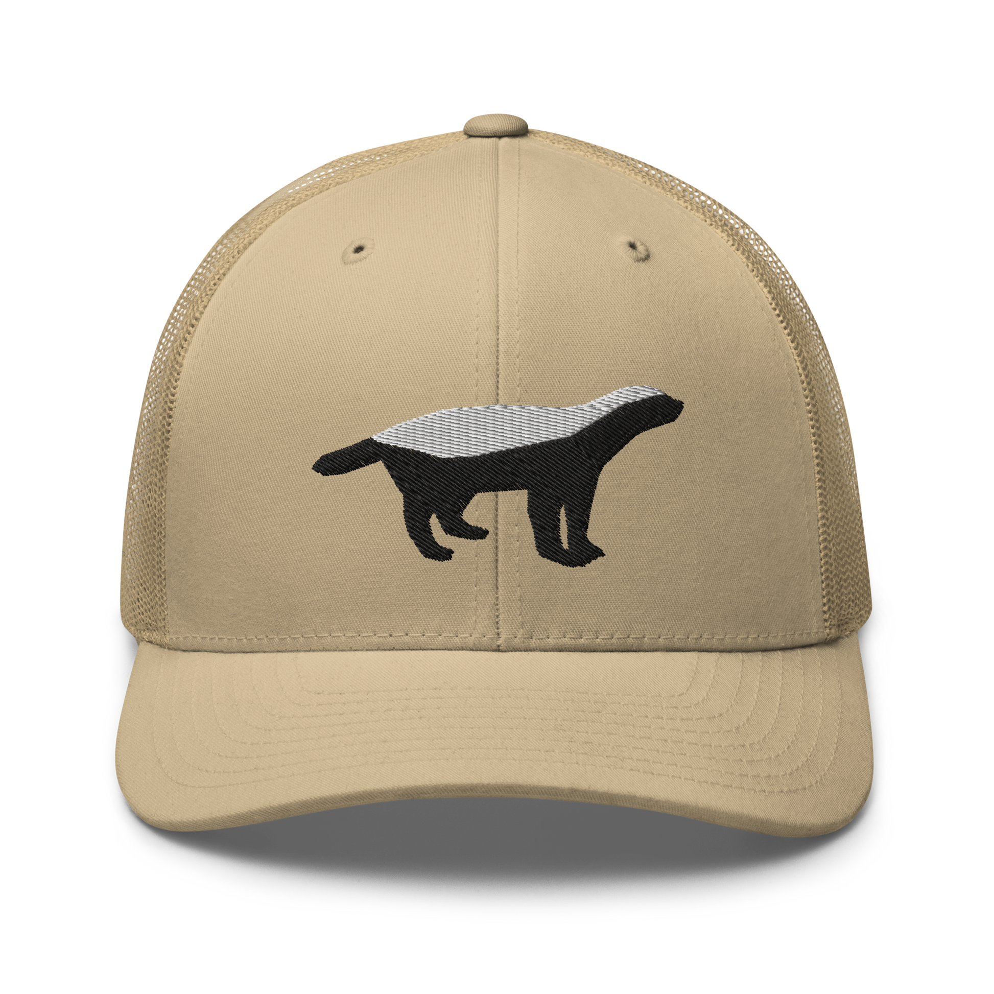 Front view of a khaki bitcoin trucker cap.