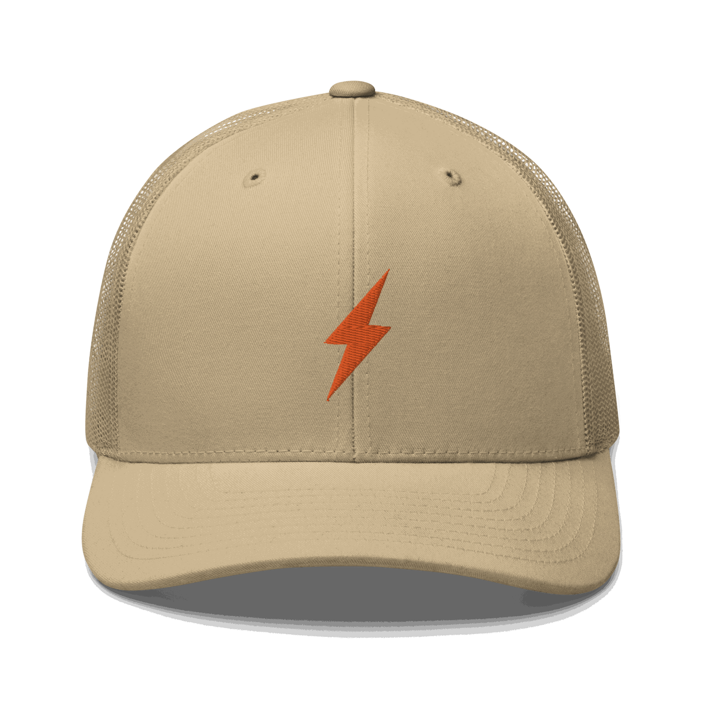 Black six-panel Lightning Bitcoin trucker cap with mesh back and adjustable closure