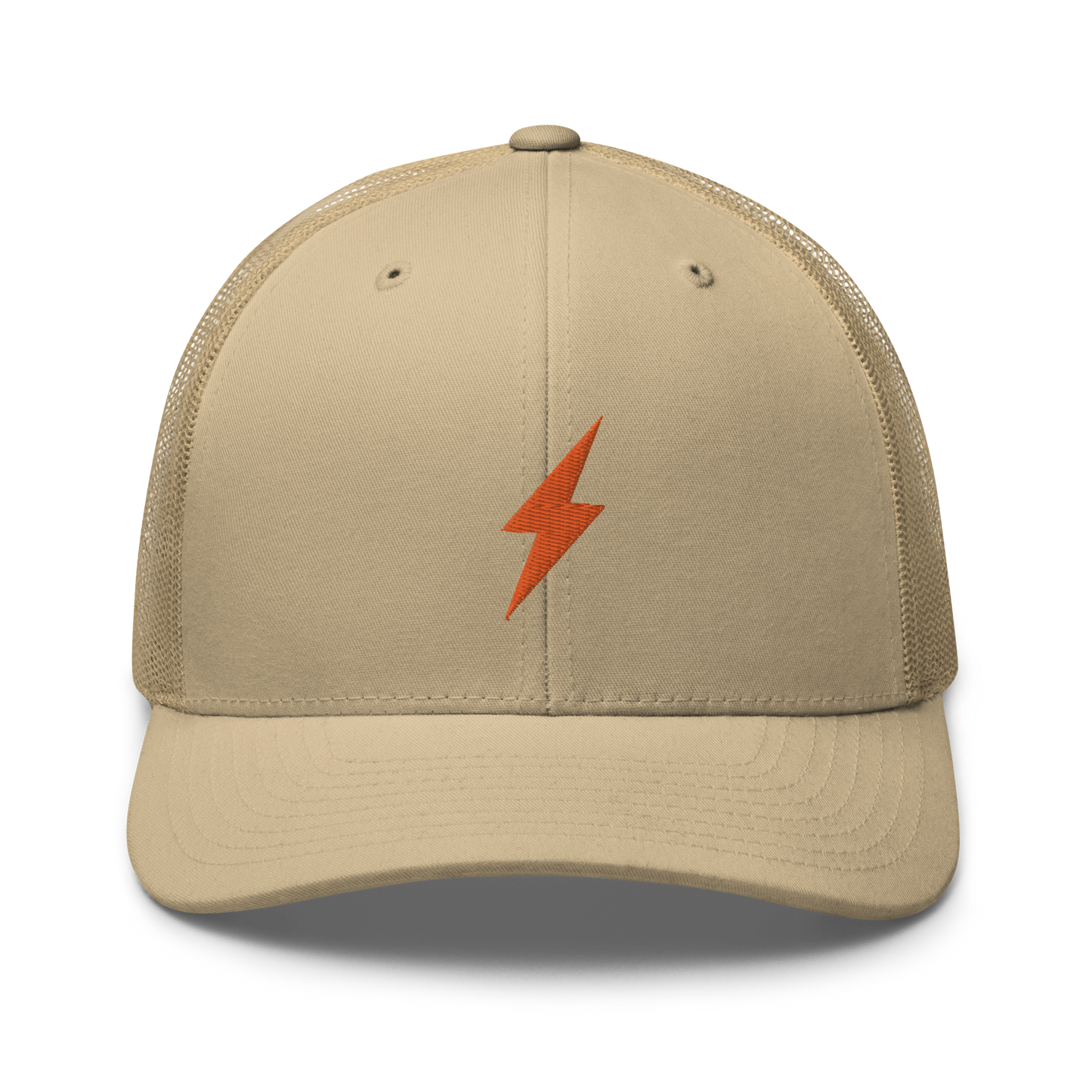 Front view of a khaki bitcoin trucker cap.