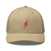 Black six-panel Lightning Bitcoin trucker cap with mesh back and adjustable closure