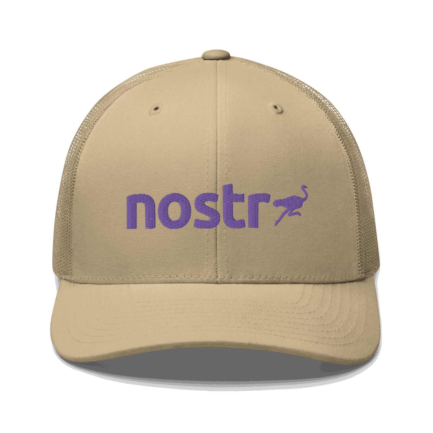 Front view of a khaki bitcoin trucker cap.