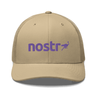 Front view of a khaki bitcoin trucker cap.
