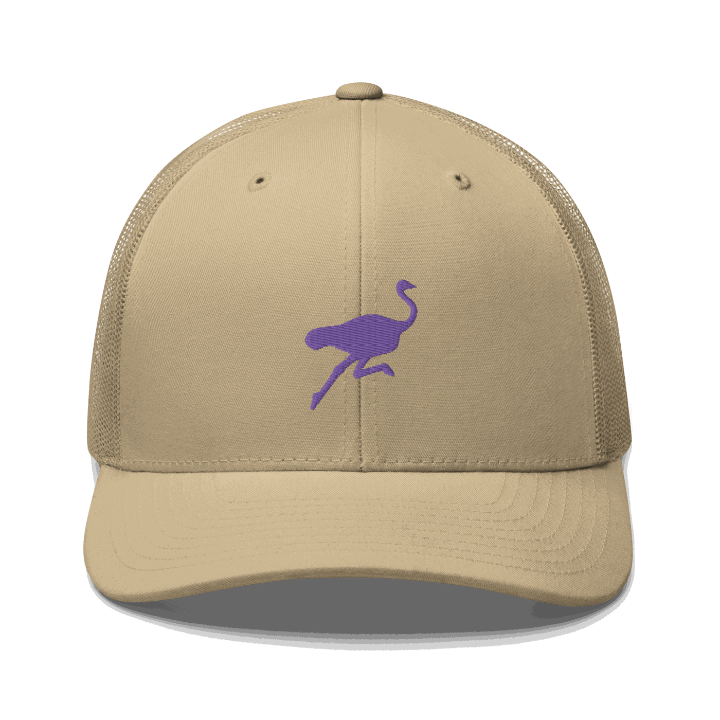 Front view of a khaki bitcoin trucker cap.