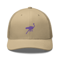 Front view of a khaki bitcoin trucker cap.