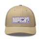 Front view of a khaki bitcoin trucker cap.