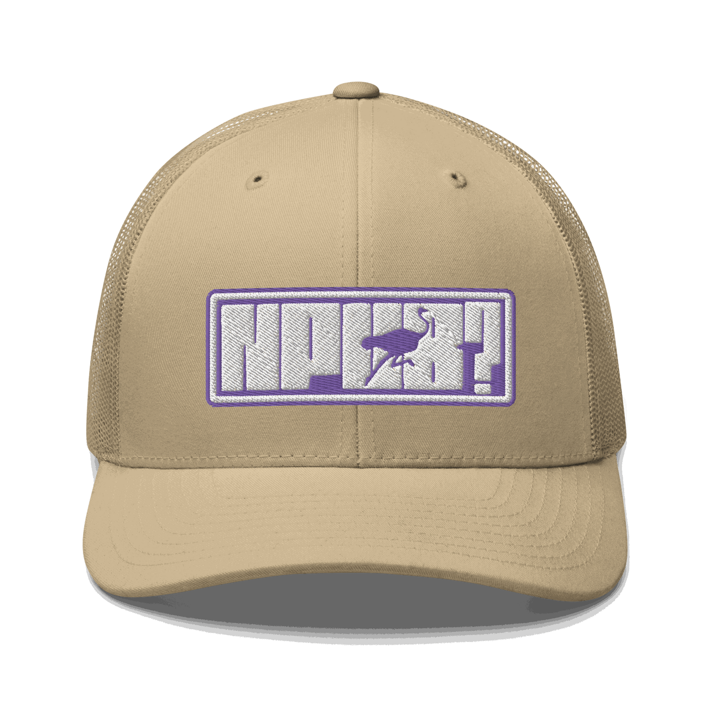 Front view of a khaki bitcoin trucker cap.