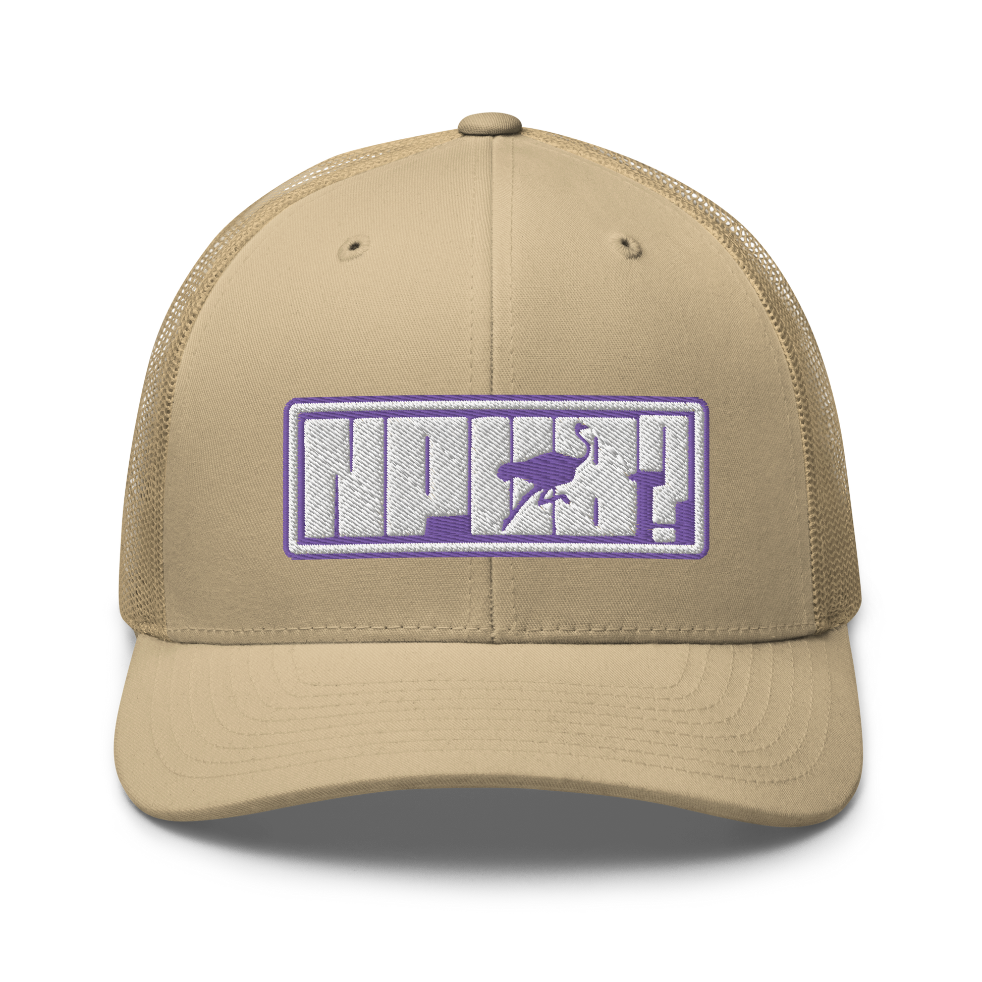 Front view of a khaki bitcoin trucker cap.