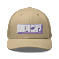 Front view of a khaki bitcoin trucker cap.