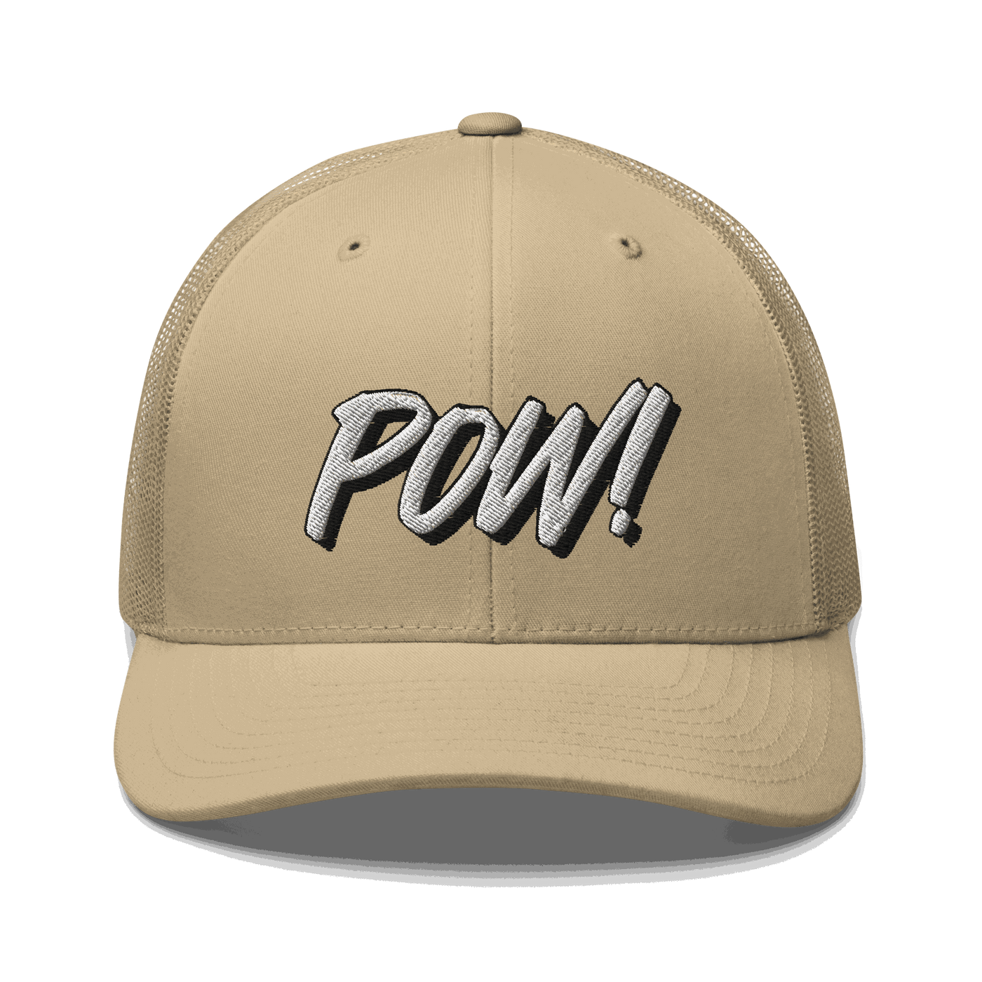 Front view of a khaki bitcoin trucker cap.