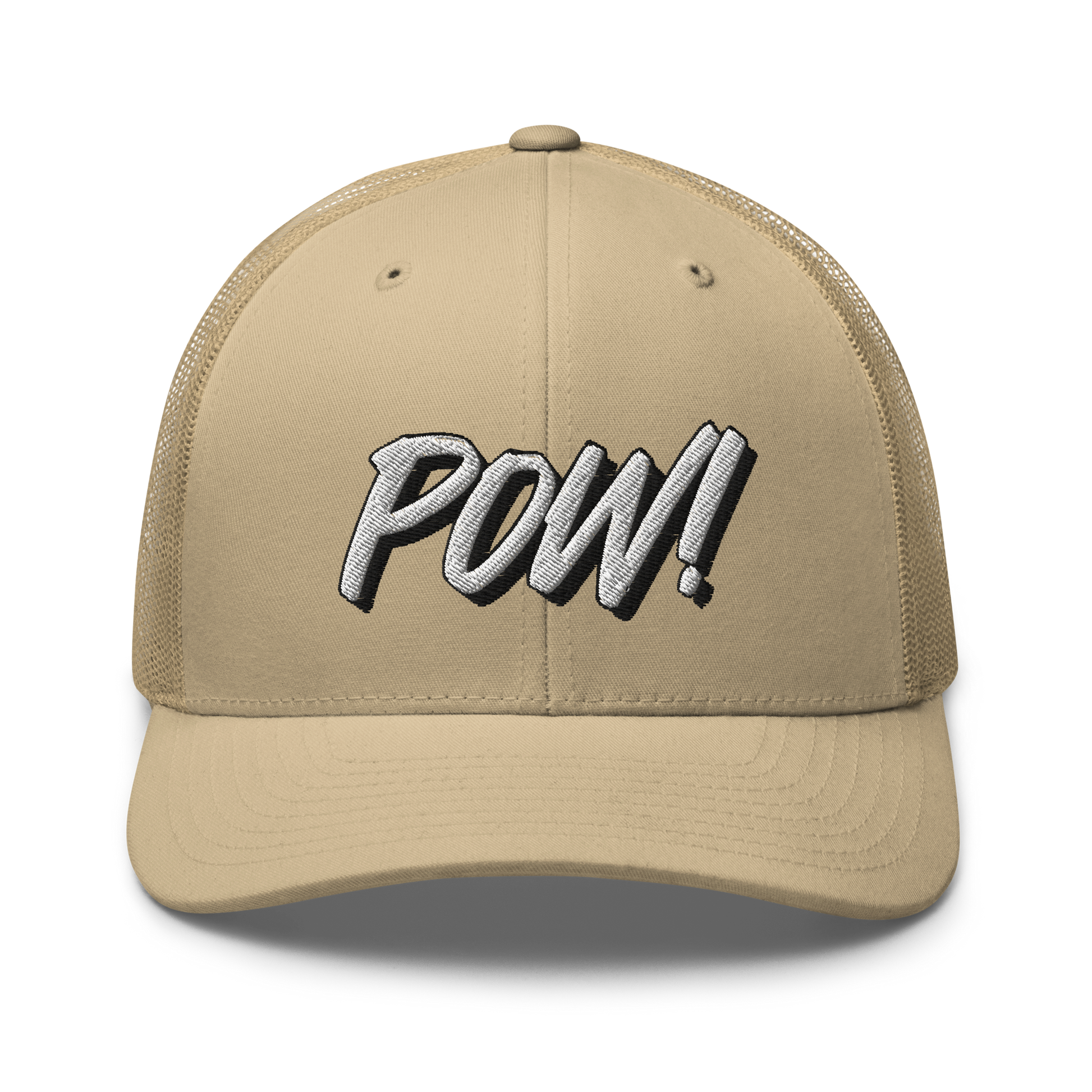 Front view of a khaki bitcoin trucker cap.