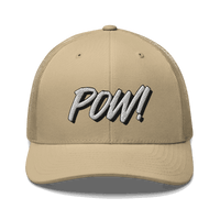 Front view of a khaki bitcoin trucker cap.