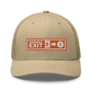 Front view of a khaki bitcoin trucker cap.