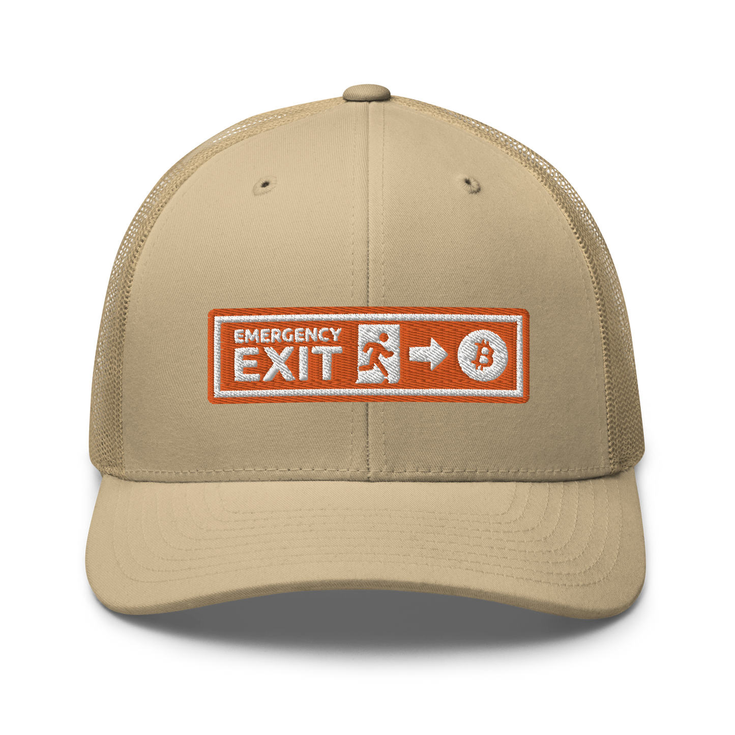 Front view of a khaki bitcoin trucker cap.