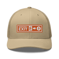 Front view of a khaki bitcoin trucker cap.