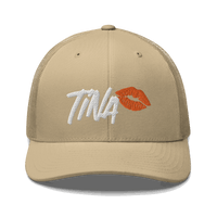 Front view of a khaki bitcoin trucker cap.