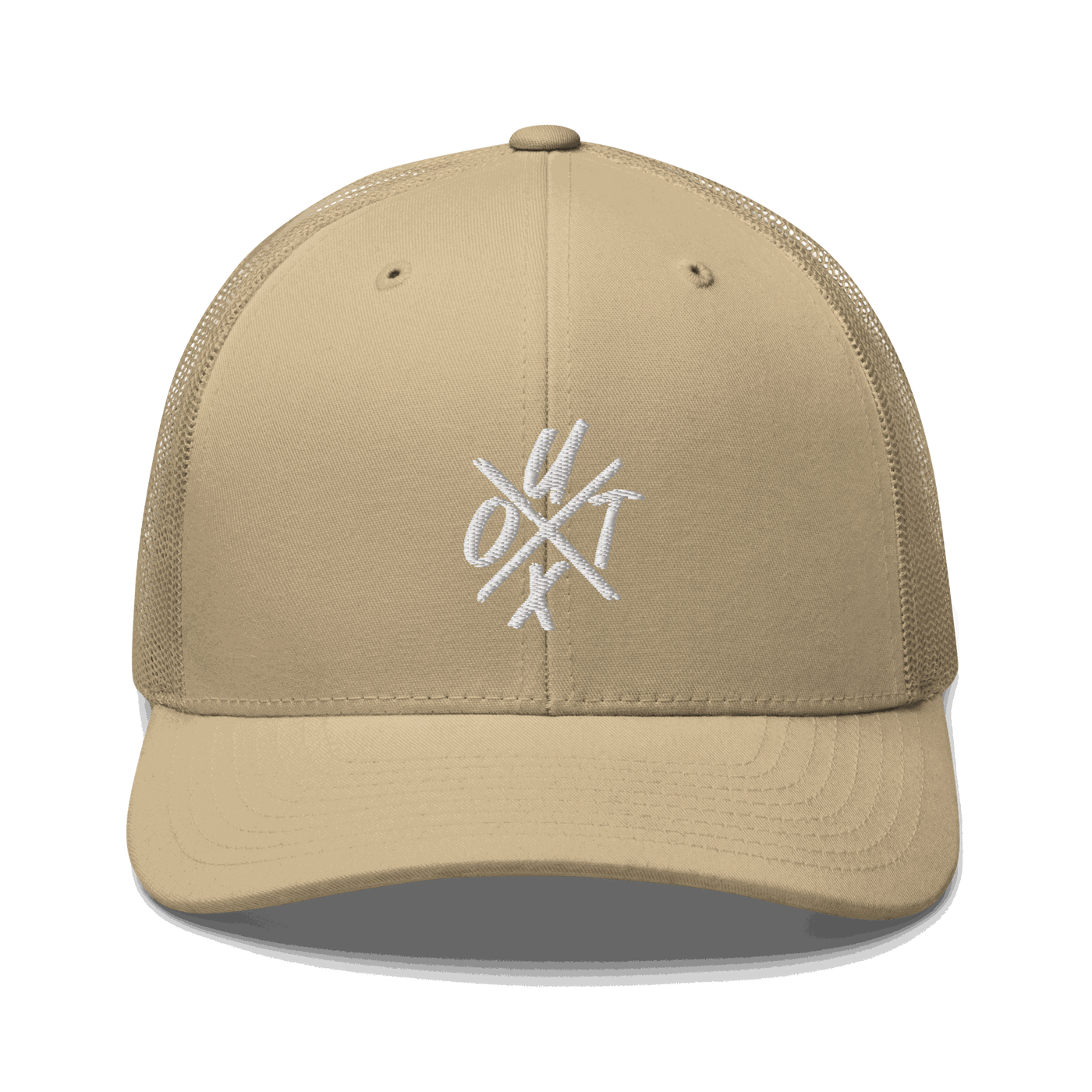 Front view of a khaki bitcoin trucker cap.