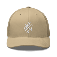 Front view of a khaki bitcoin trucker cap.