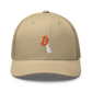 Front view of a khaki bitcoin trucker cap.