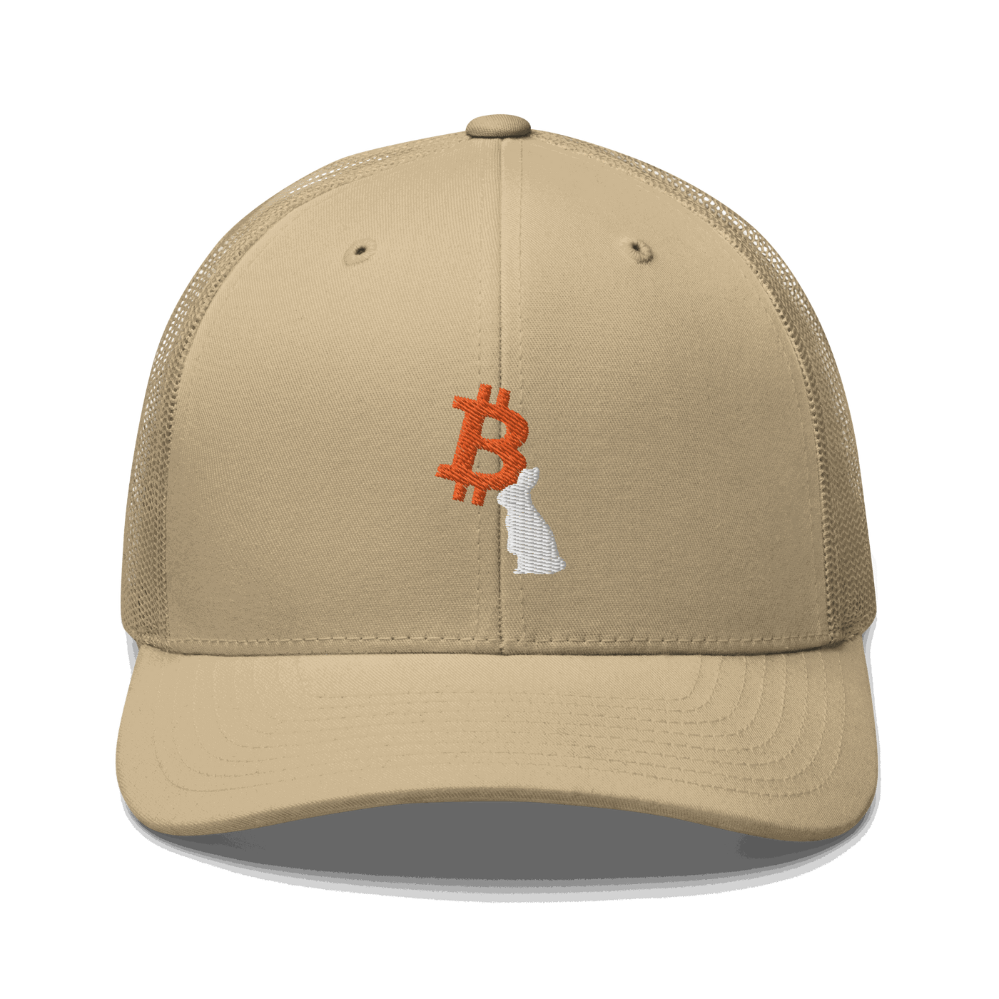 Front view of a khaki bitcoin trucker cap.