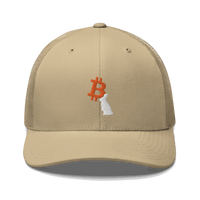 Front view of a khaki bitcoin trucker cap.