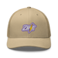 Front view of a khaki bitcoin trucker cap.