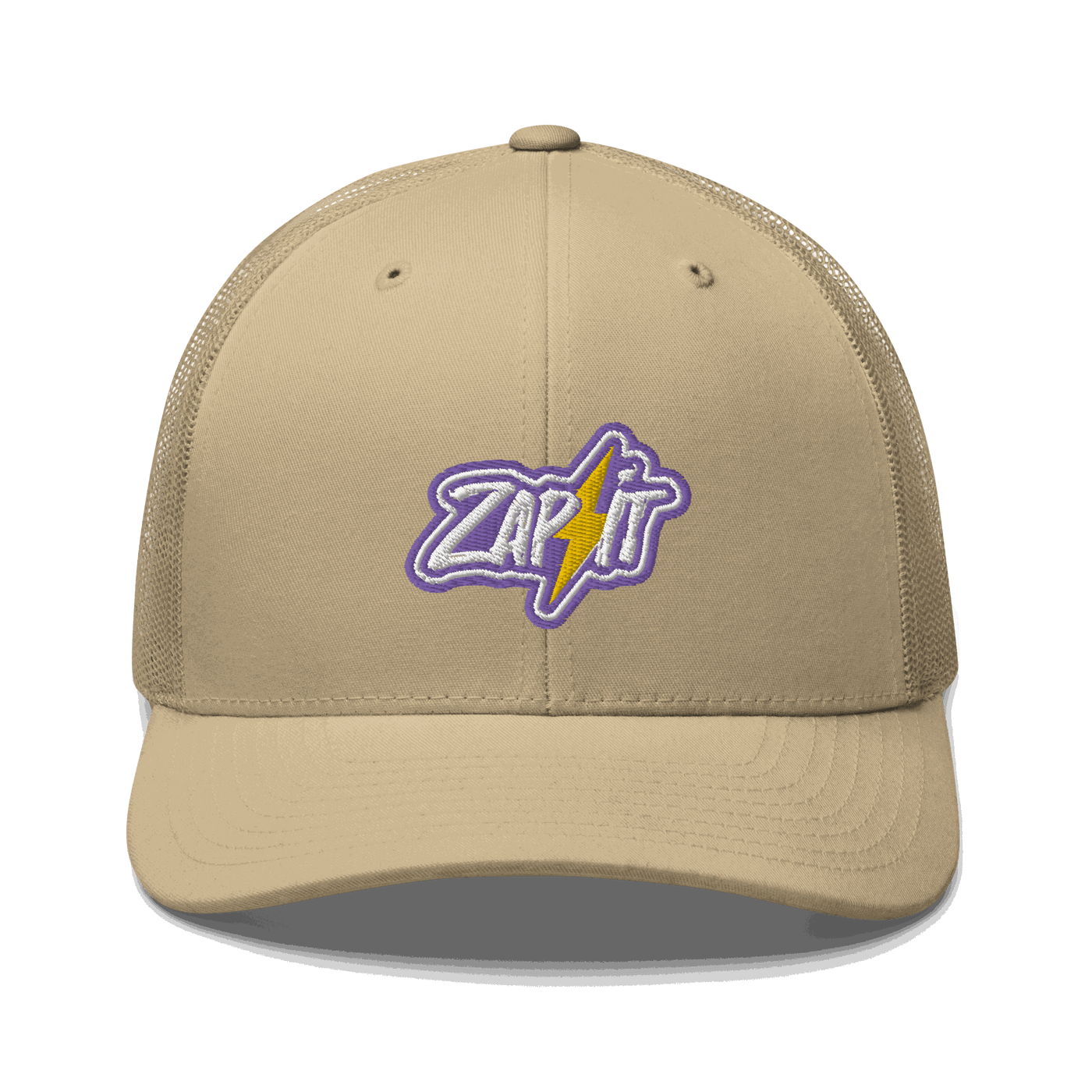 Nostr trucker cap with mesh back and embroidered front panel in black and beige colors