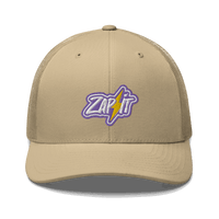 Nostr trucker cap with mesh back and embroidered front panel in black and beige colors