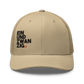 Front view of a khaki bitcoin trucker cap.