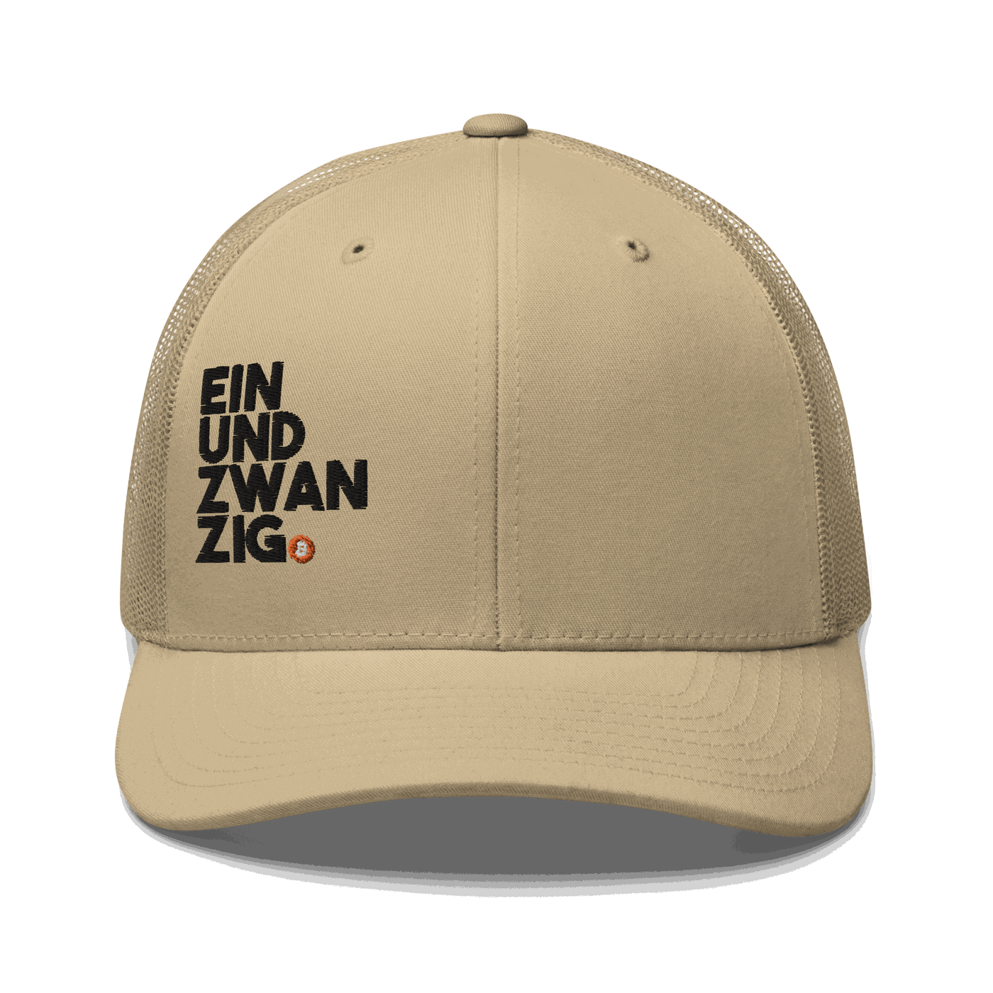 Black Einundzwanzig Bitcoin trucker cap with mesh back and embroidered logo