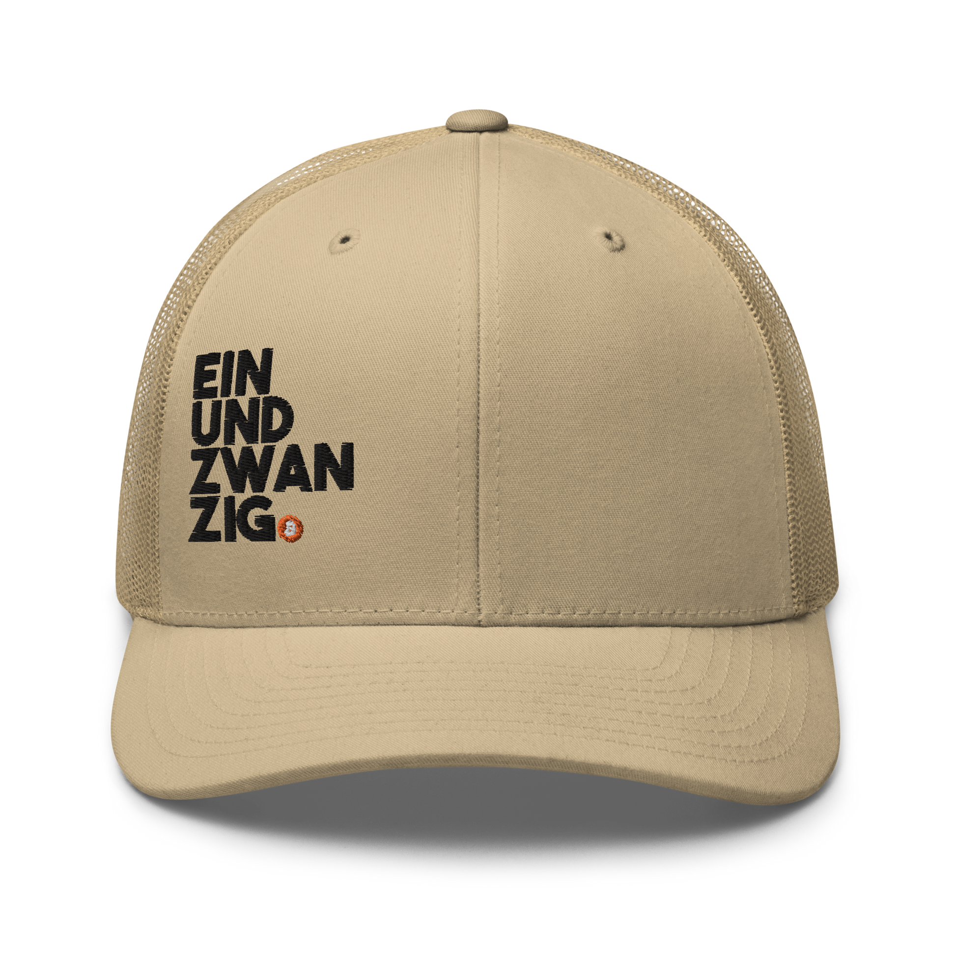 Front view of a khaki bitcoin trucker cap.