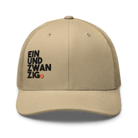 Einundzwanzig bitcoin trucker cap in Khaki, front view.