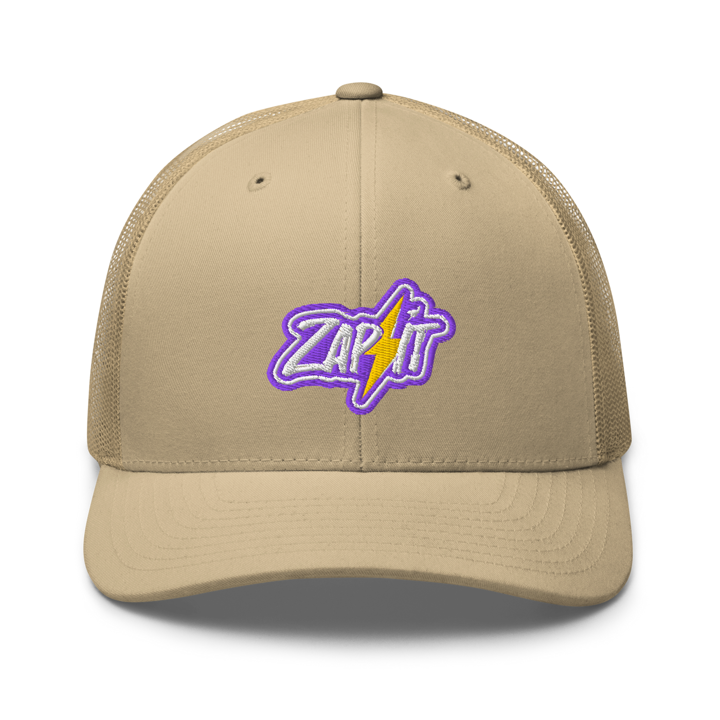 Zap It nostr trucker cap in Khaki, front view.