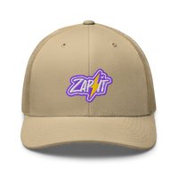 Zap It nostr trucker cap in Khaki, front view.