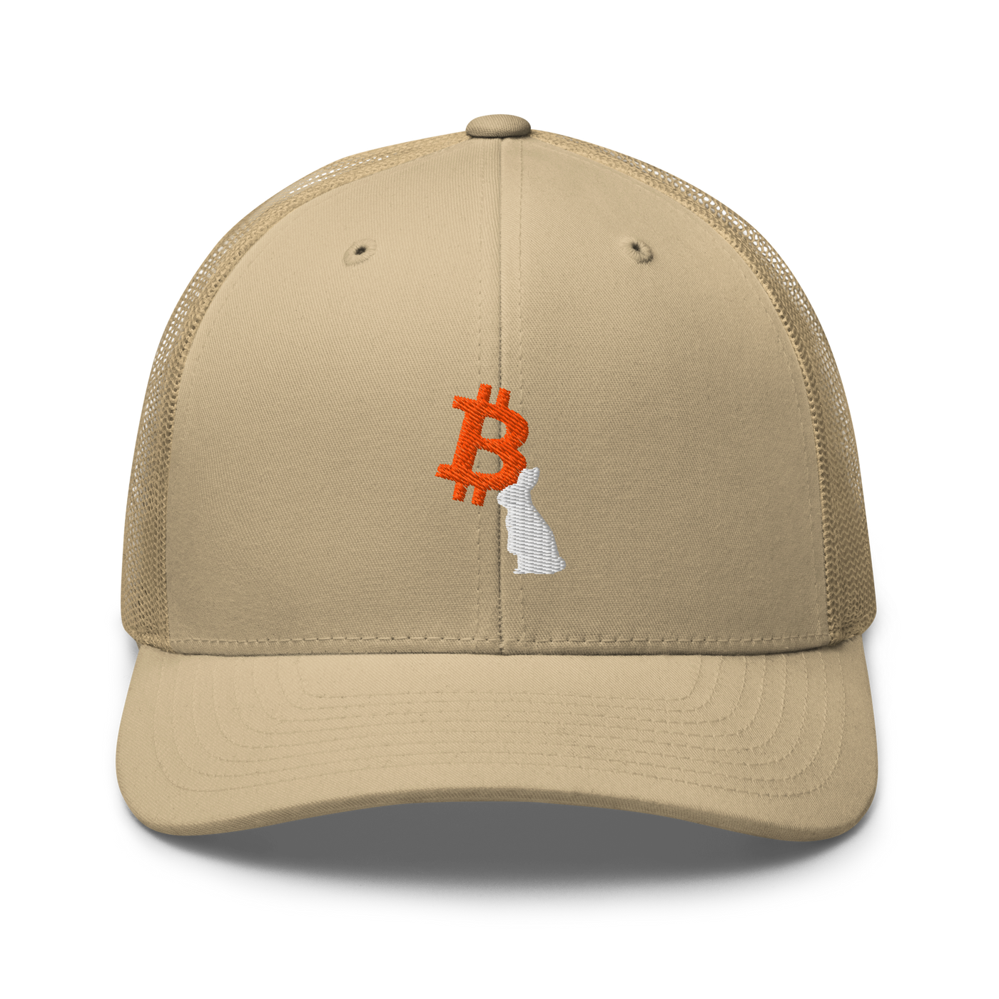 White Rabbit bitcoin trucker cap in Khaki, front view.