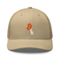 White Rabbit bitcoin trucker cap in Khaki, front view.