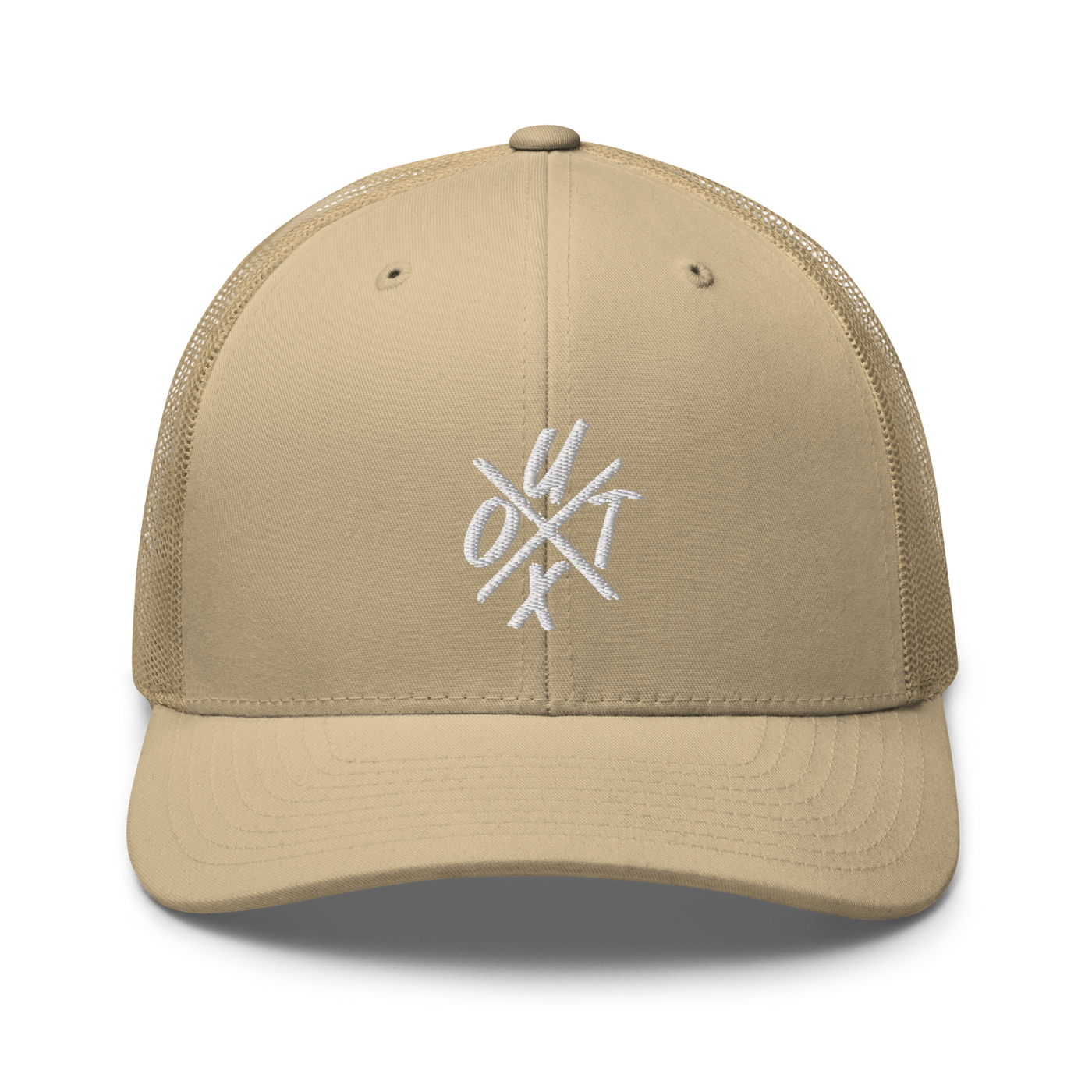 UTXO bitcoin trucker cap in Khaki, front view.