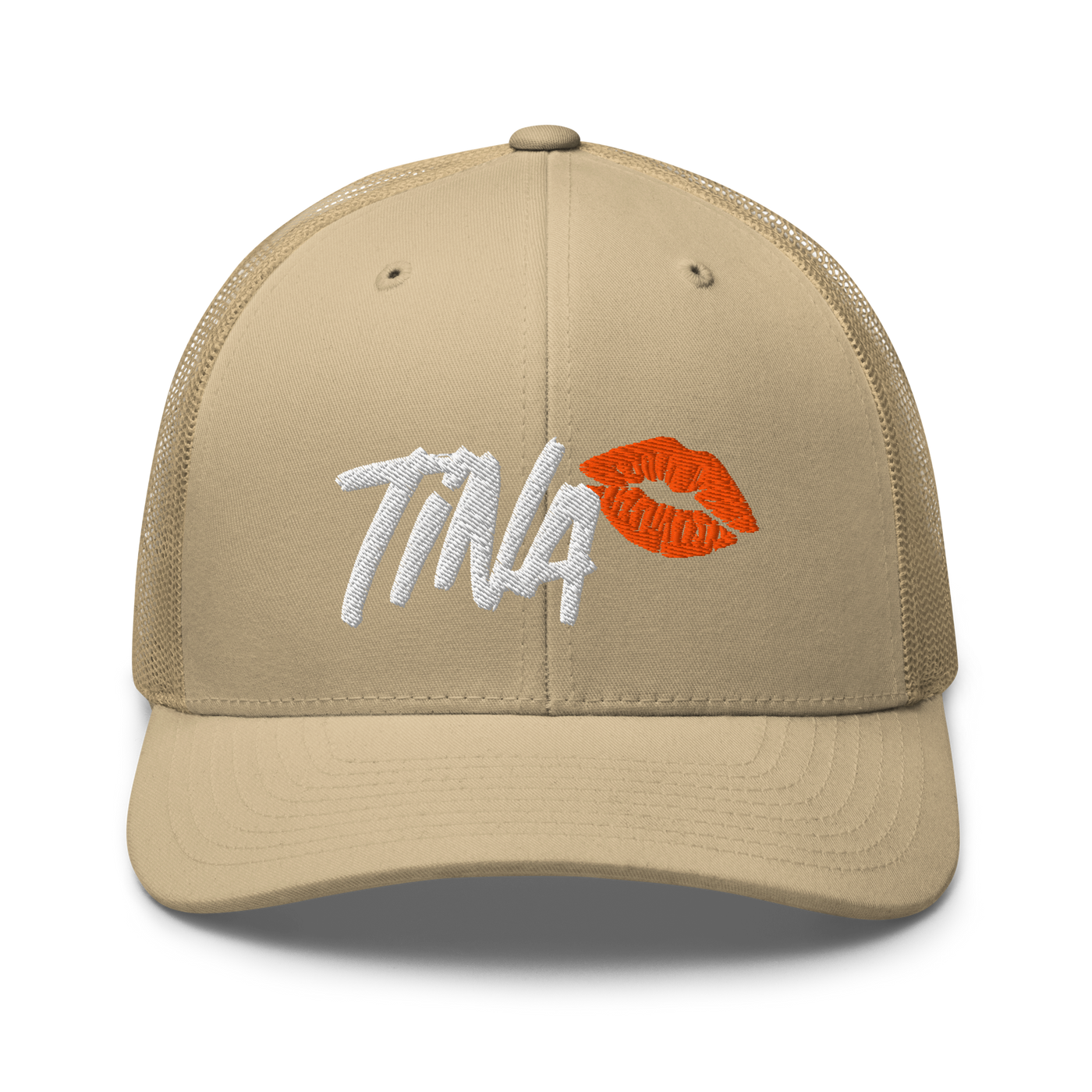 TINA bitcoin trucker cap in Khaki, front view.
